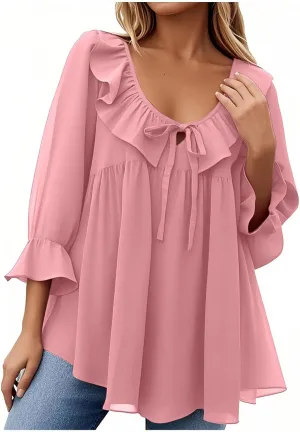 Womens Scoop Neck 3/4 Length Sleeve Tops Casual Tie Front Ruffle Tiered Loose Tunic Shirts Blouses Summer Outfits