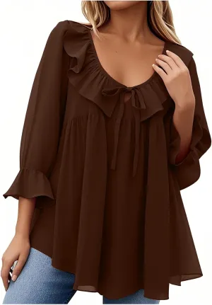 Womens Scoop Neck 3/4 Length Sleeve Tops Casual Tie Front Ruffle Tiered Loose Tunic Shirts Blouses Summer Outfits