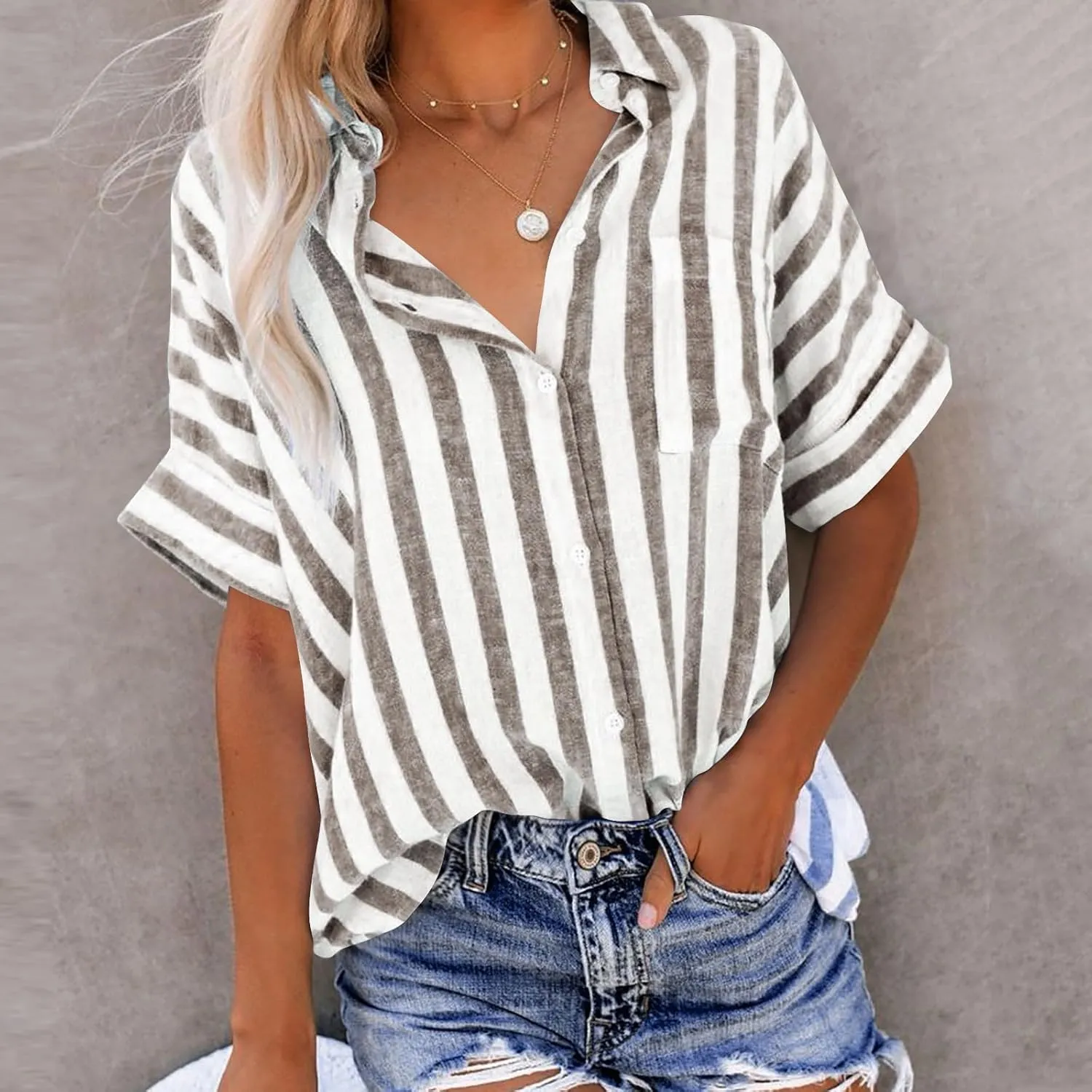 Womens Striped Button Down Shirts Cotton Linen Tunic Tops Short Sleeve Summer Blouses Beach Fashion Clothing 2025
