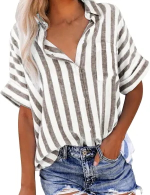 Womens Striped Button Down Shirts Cotton Linen Tunic Tops Short Sleeve Summer Blouses Beach Fashion Clothing 2025