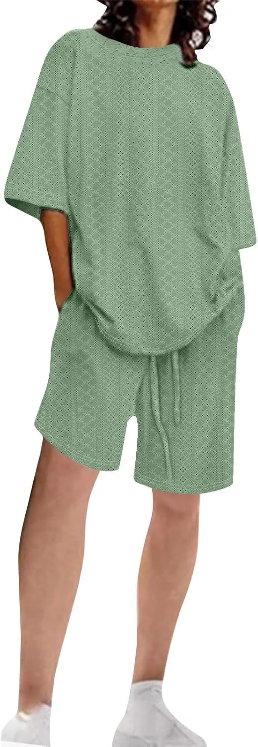 Womens Summer Beach Vacation Outfits 2024 2 Piece Short Set Oversized Tshirt Bermuda Shorts Matching Lounge Sets