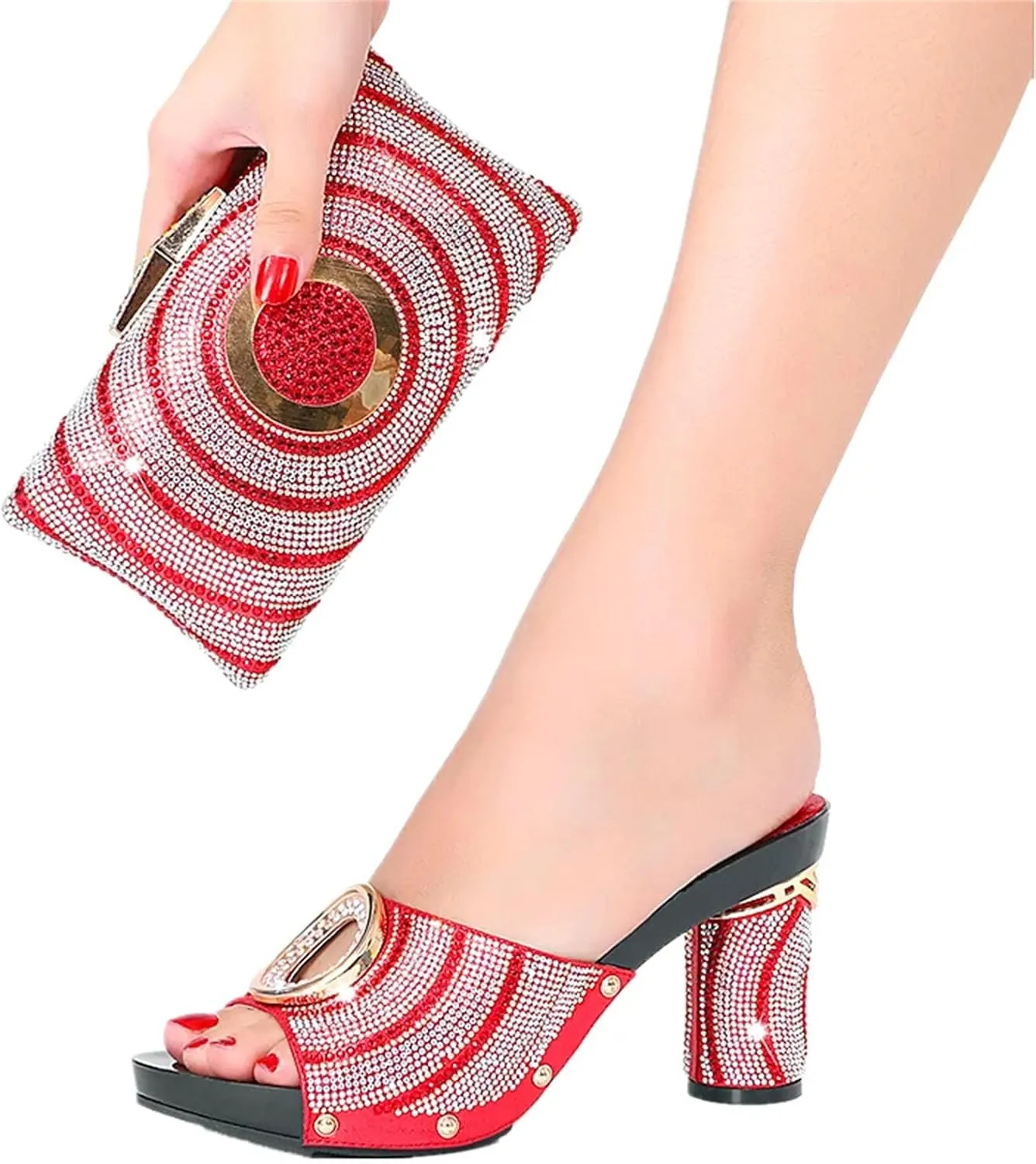 Women's Summer Shoes Bag Set Crystal Clutch Rhinestone Italian Design Plus Size Fashion Slippers For Party Wedding