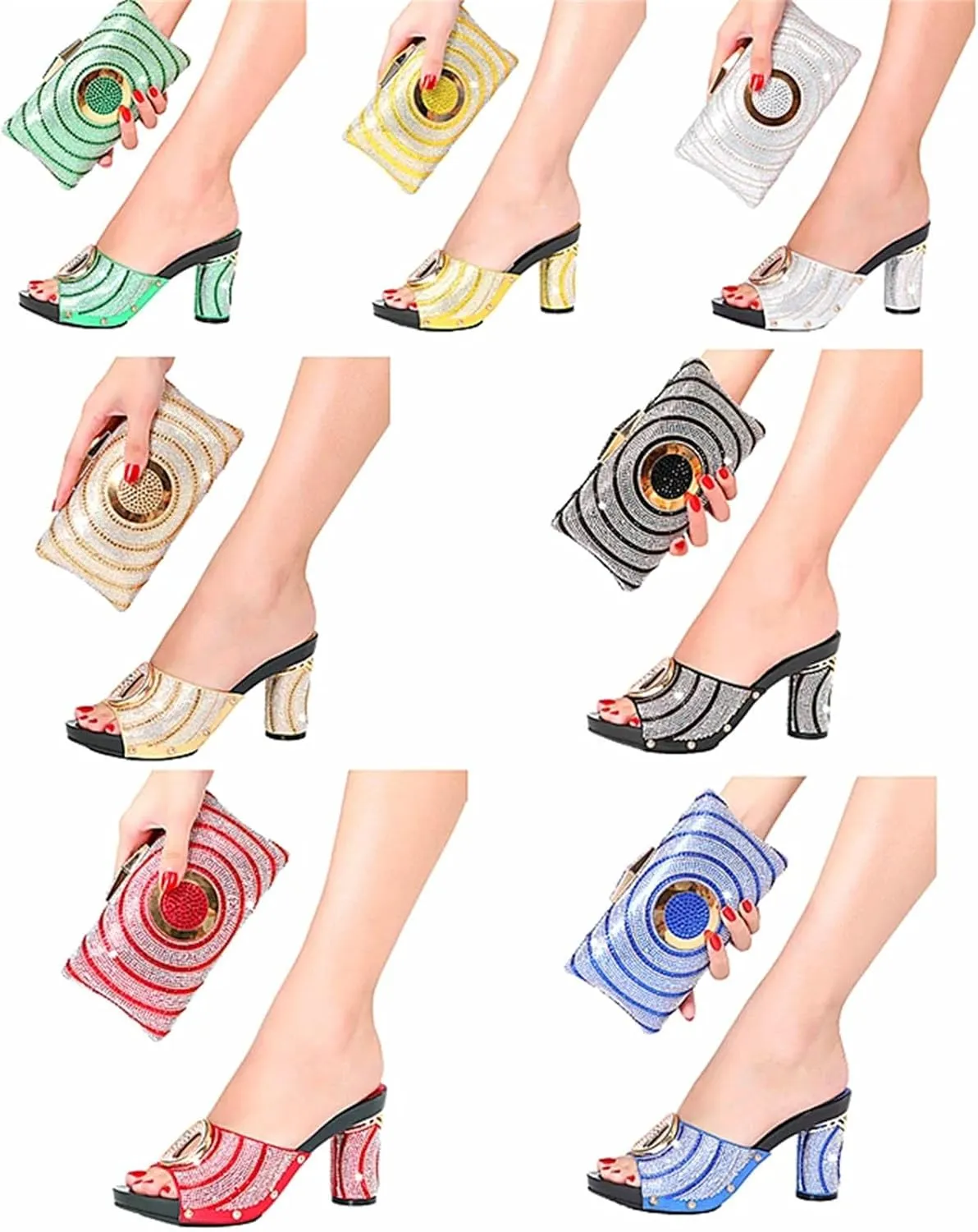 Women's Summer Shoes Bag Set Crystal Clutch Rhinestone Italian Design Plus Size Fashion Slippers For Party Wedding