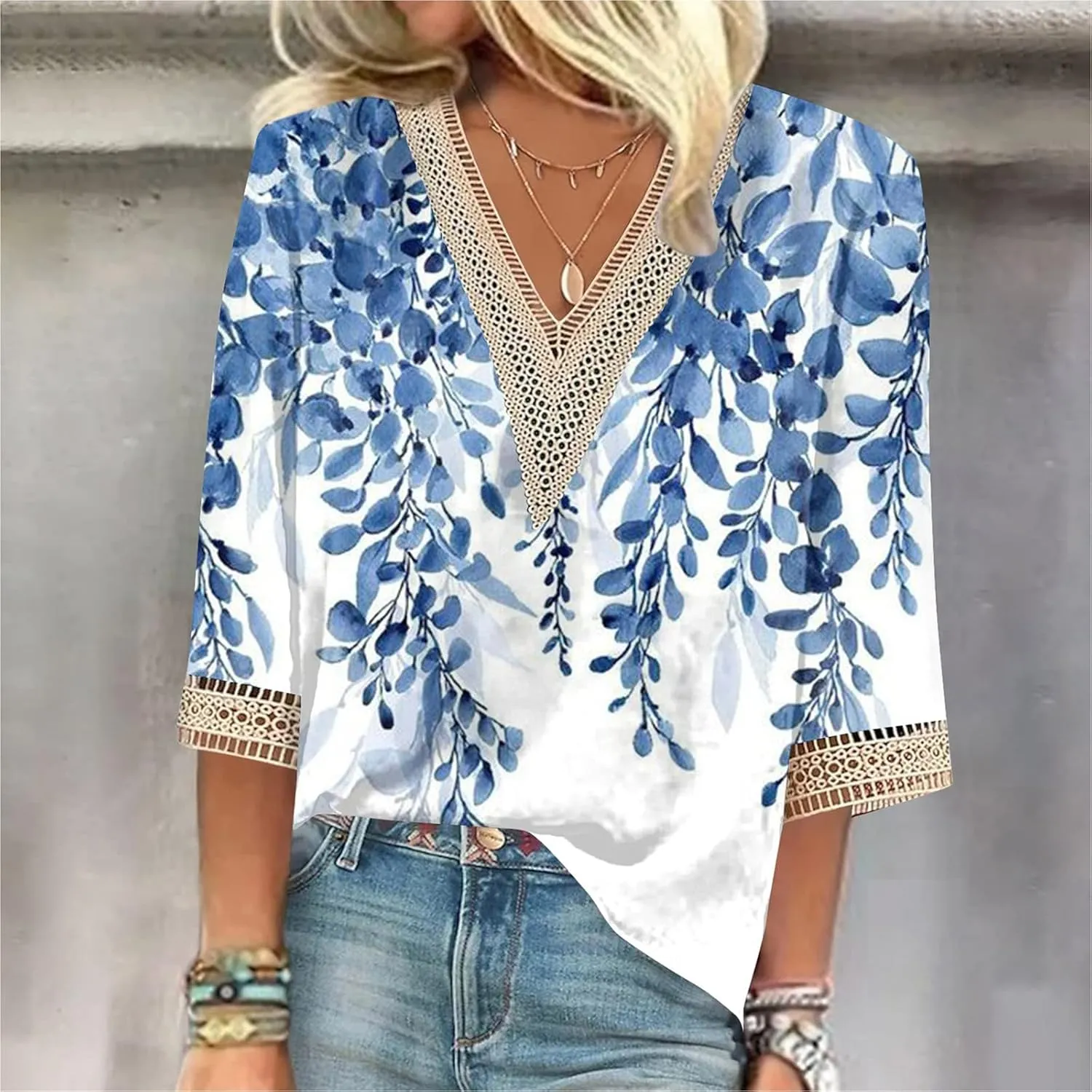 Womens Tops Casual 3/4 Sleeve Summer Tops for Women Lace Trim V Neck Shirts Summer Blouses Floral Print Clothing