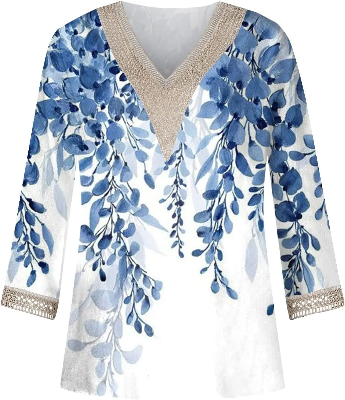 Womens Tops Casual 3/4 Sleeve Summer Tops for Women Lace Trim V Neck Shirts Summer Blouses Floral Print Clothing