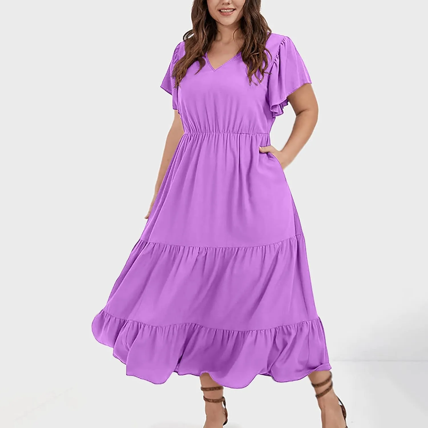 Womens V Neck Dresses Casual Short Sleeve Solid Midi Dress Plus Size Lightweight Elegant High Waist Dress Daily Wear