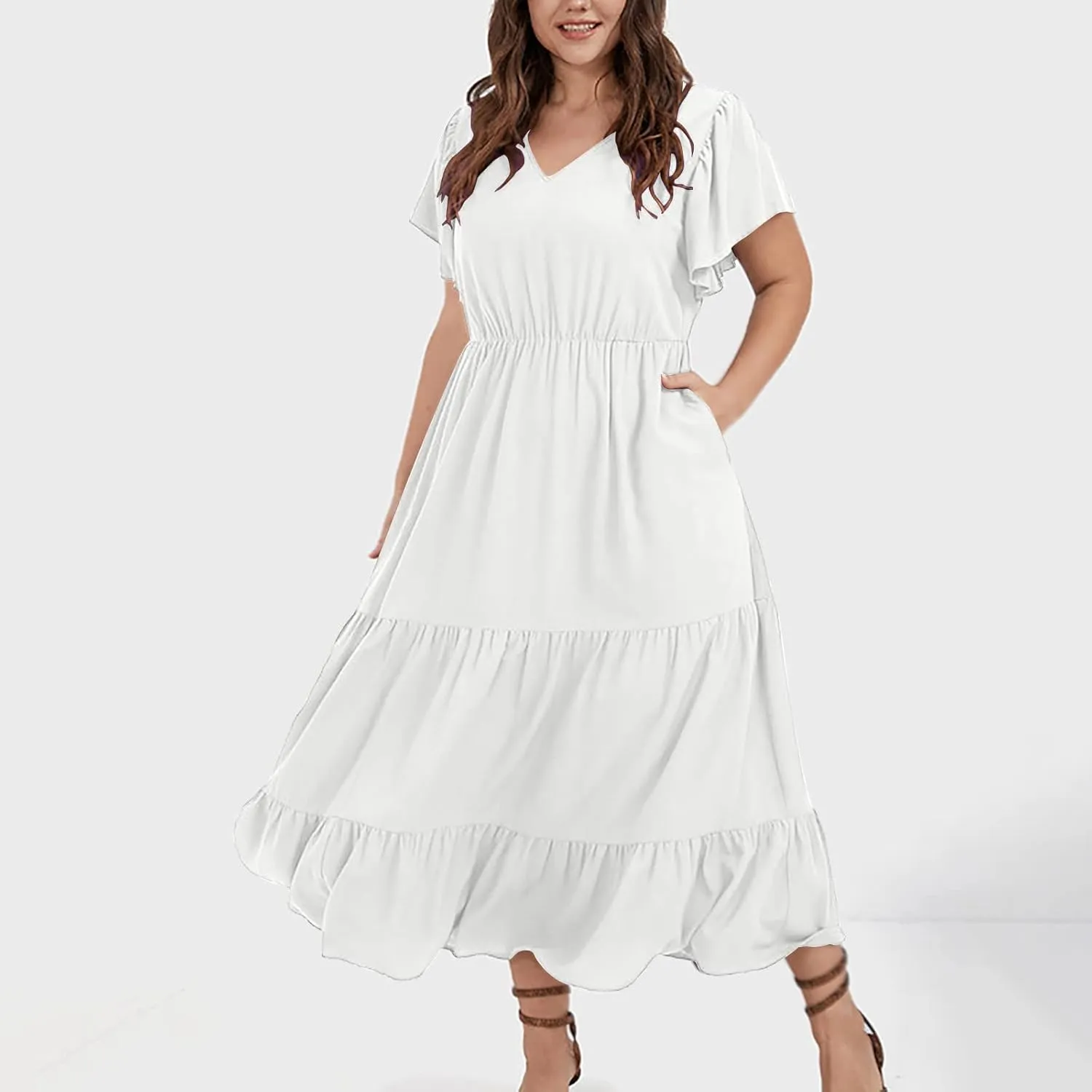 Womens V Neck Dresses Casual Short Sleeve Solid Midi Dress Plus Size Lightweight Elegant High Waist Dress Daily Wear
