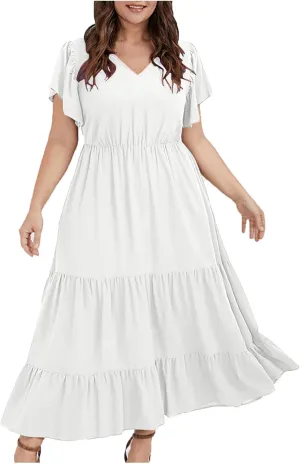Womens V Neck Dresses Casual Short Sleeve Solid Midi Dress Plus Size Lightweight Elegant High Waist Dress Daily Wear