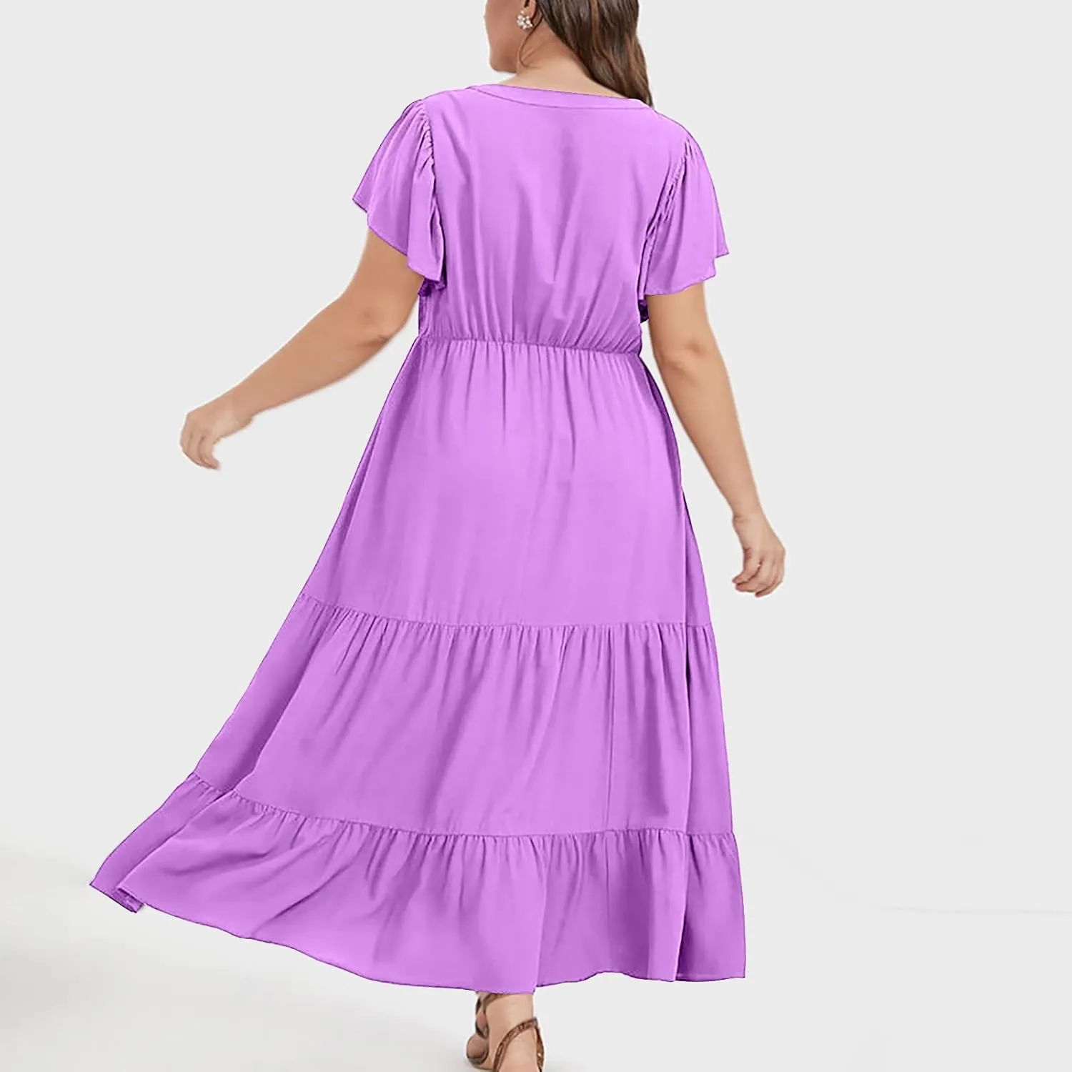 Womens V Neck Dresses Casual Short Sleeve Solid Midi Dress Plus Size Lightweight Elegant High Waist Dress Daily Wear