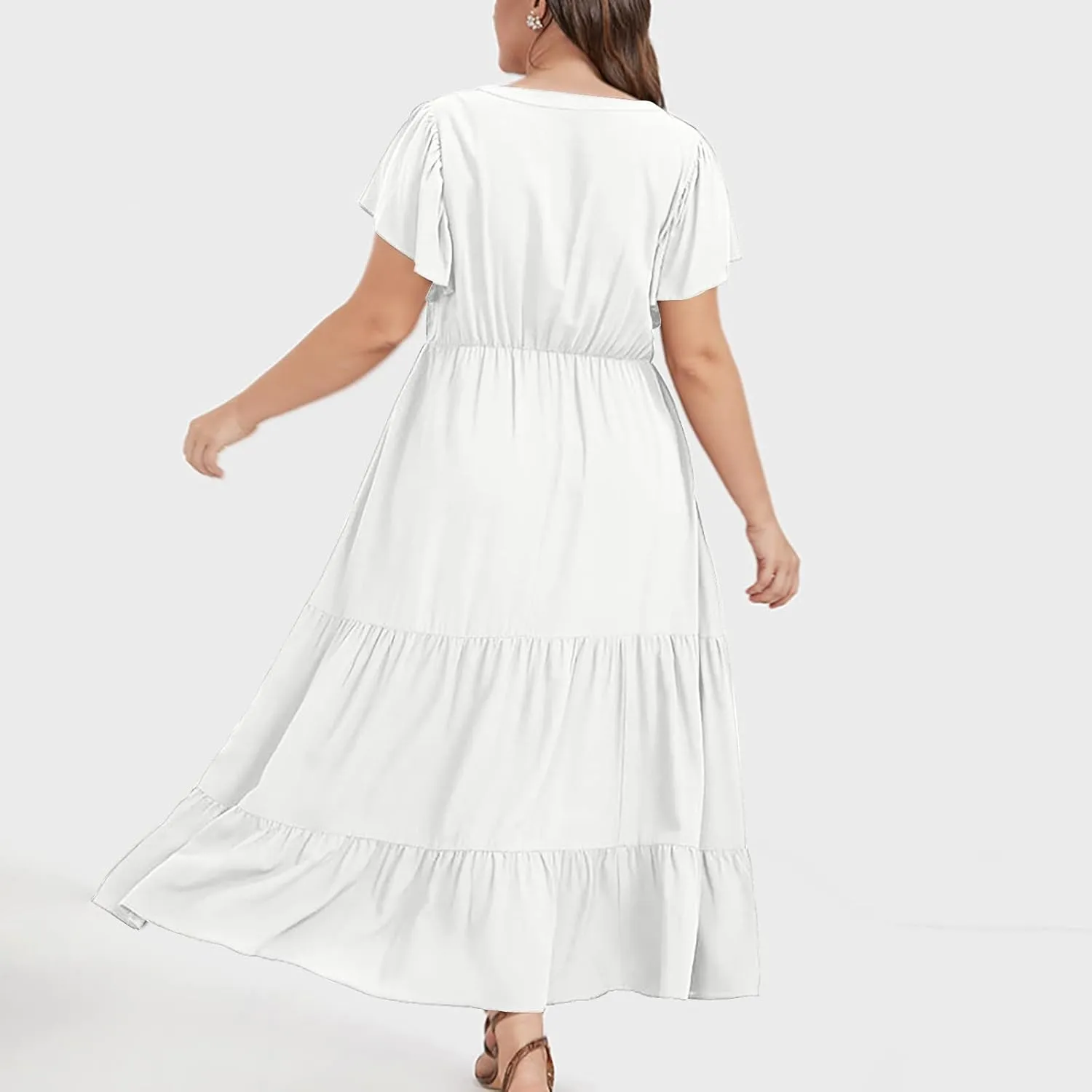 Womens V Neck Dresses Casual Short Sleeve Solid Midi Dress Plus Size Lightweight Elegant High Waist Dress Daily Wear