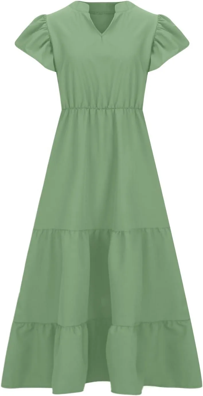 Womens V Neck Dresses Casual Short Sleeve Solid Midi Dress Plus Size Lightweight Elegant High Waist Dress Daily Wear
