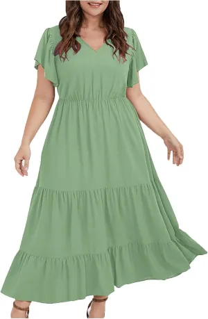 Womens V Neck Dresses Casual Short Sleeve Solid Midi Dress Plus Size Lightweight Elegant High Waist Dress Daily Wear