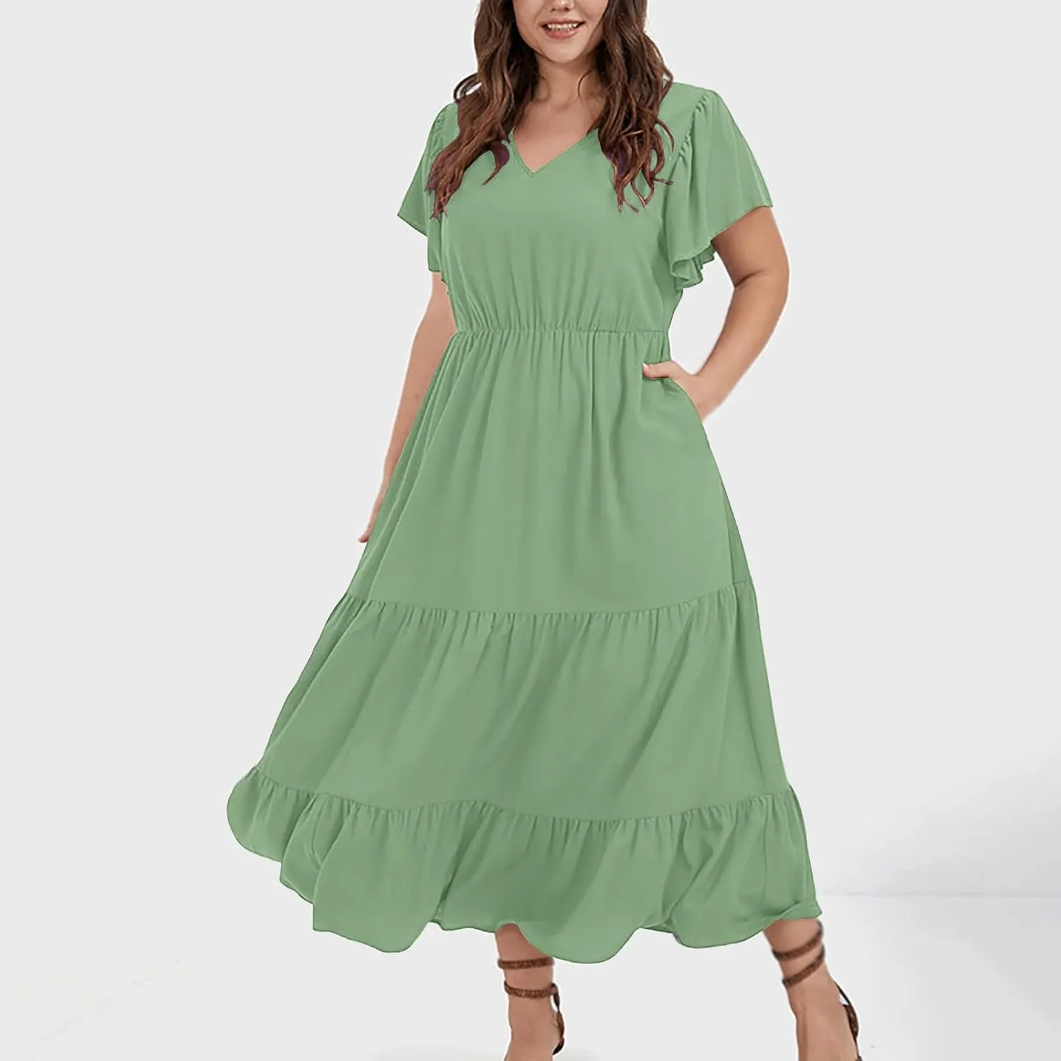 Womens V Neck Dresses Casual Short Sleeve Solid Midi Dress Plus Size Lightweight Elegant High Waist Dress Daily Wear