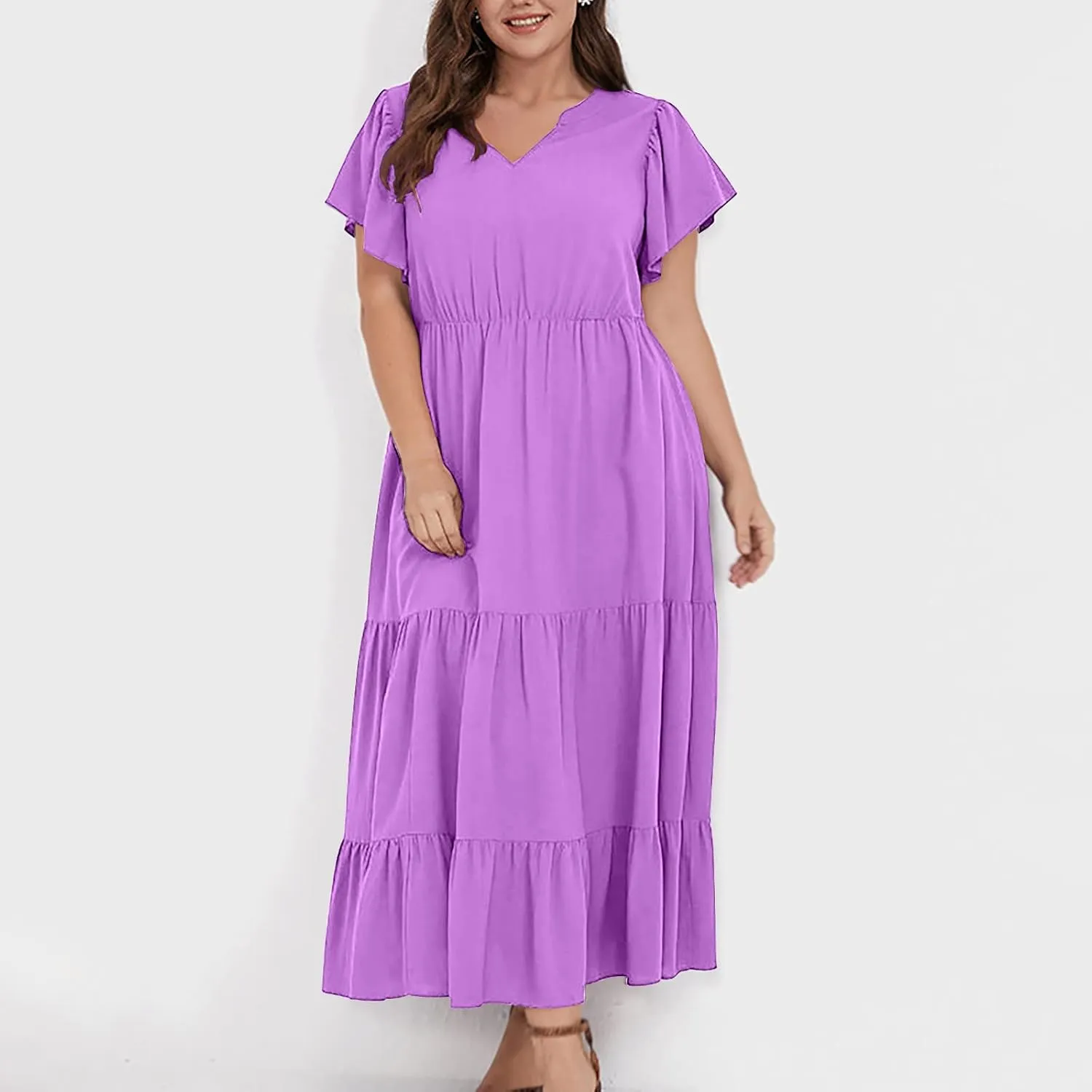 Womens V Neck Dresses Casual Short Sleeve Solid Midi Dress Plus Size Lightweight Elegant High Waist Dress Daily Wear