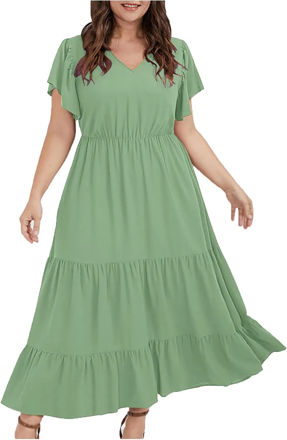 Womens V Neck Dresses Casual Short Sleeve Solid Midi Dress Plus Size Lightweight Elegant High Waist Dress Daily Wear