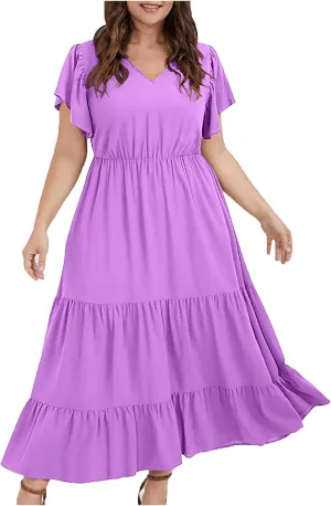 Womens V Neck Dresses Casual Short Sleeve Solid Midi Dress Plus Size Lightweight Elegant High Waist Dress Daily Wear