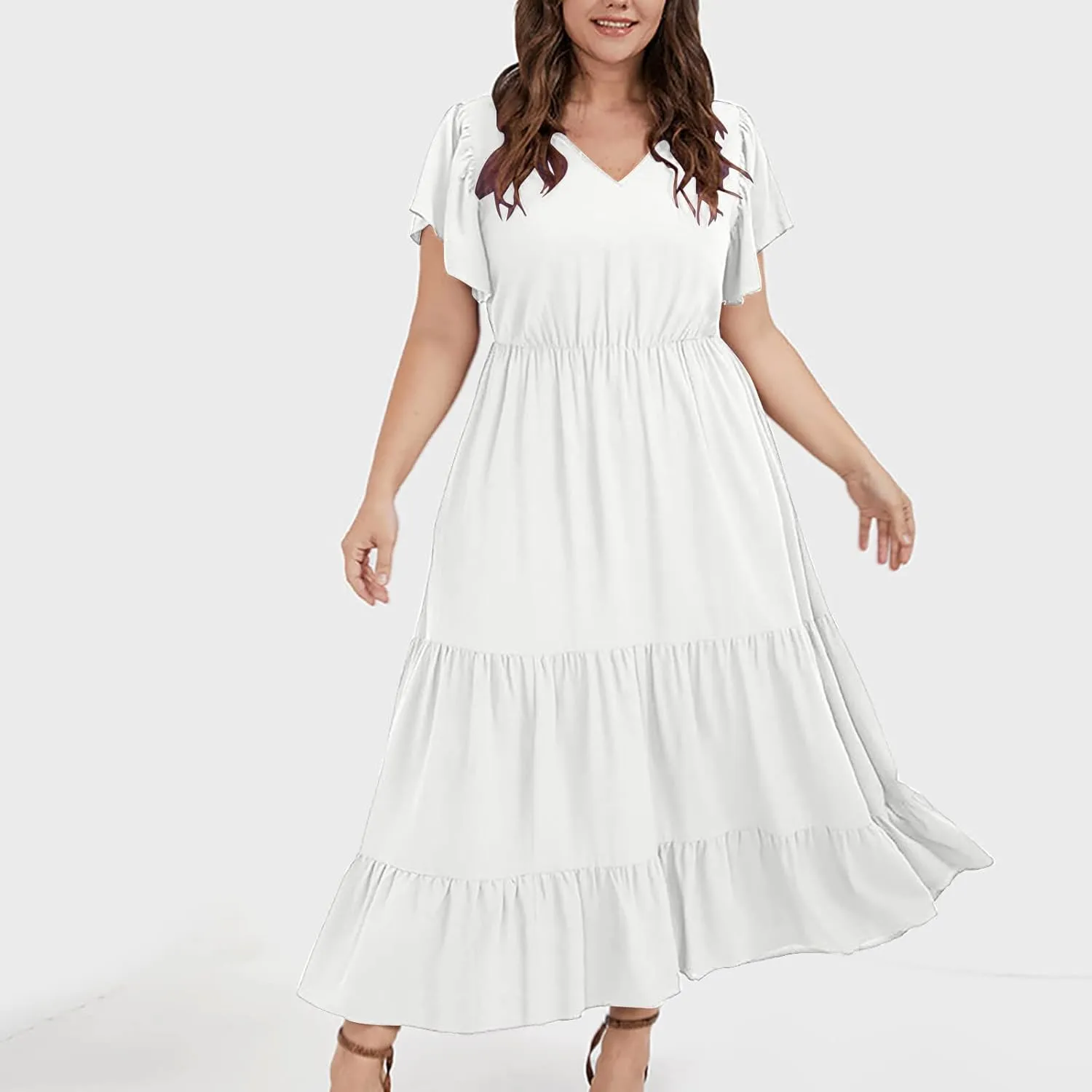 Womens V Neck Dresses Casual Short Sleeve Solid Midi Dress Plus Size Lightweight Elegant High Waist Dress Daily Wear