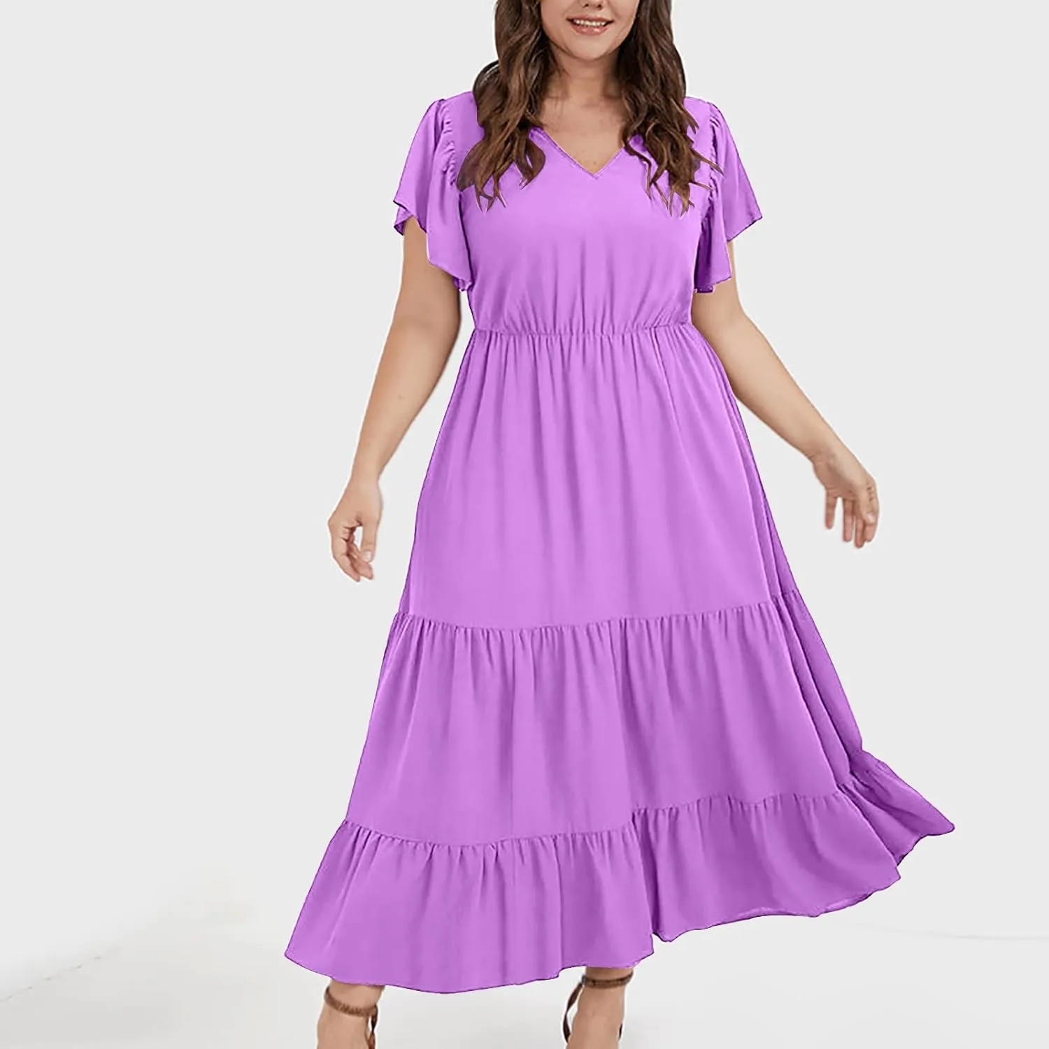 Womens V Neck Dresses Casual Short Sleeve Solid Midi Dress Plus Size Lightweight Elegant High Waist Dress Daily Wear