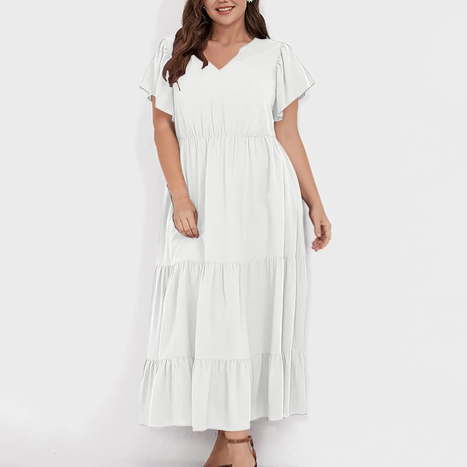 Womens V Neck Dresses Casual Short Sleeve Solid Midi Dress Plus Size Lightweight Elegant High Waist Dress Daily Wear
