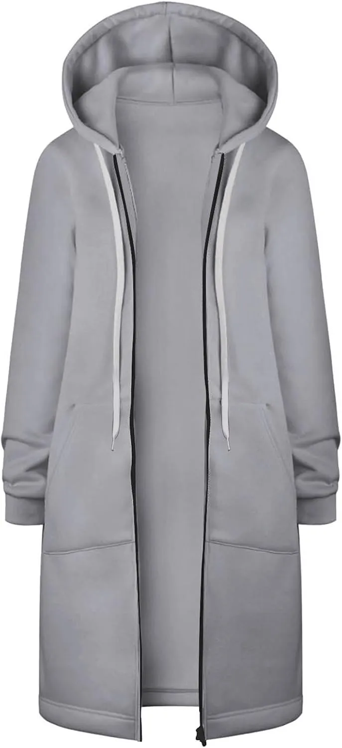 Womens Zip Up Hoodies Long Casual Drawstring Fleece Sweatshirt Lightweight Oversized Jackets Coat Fall Clothes