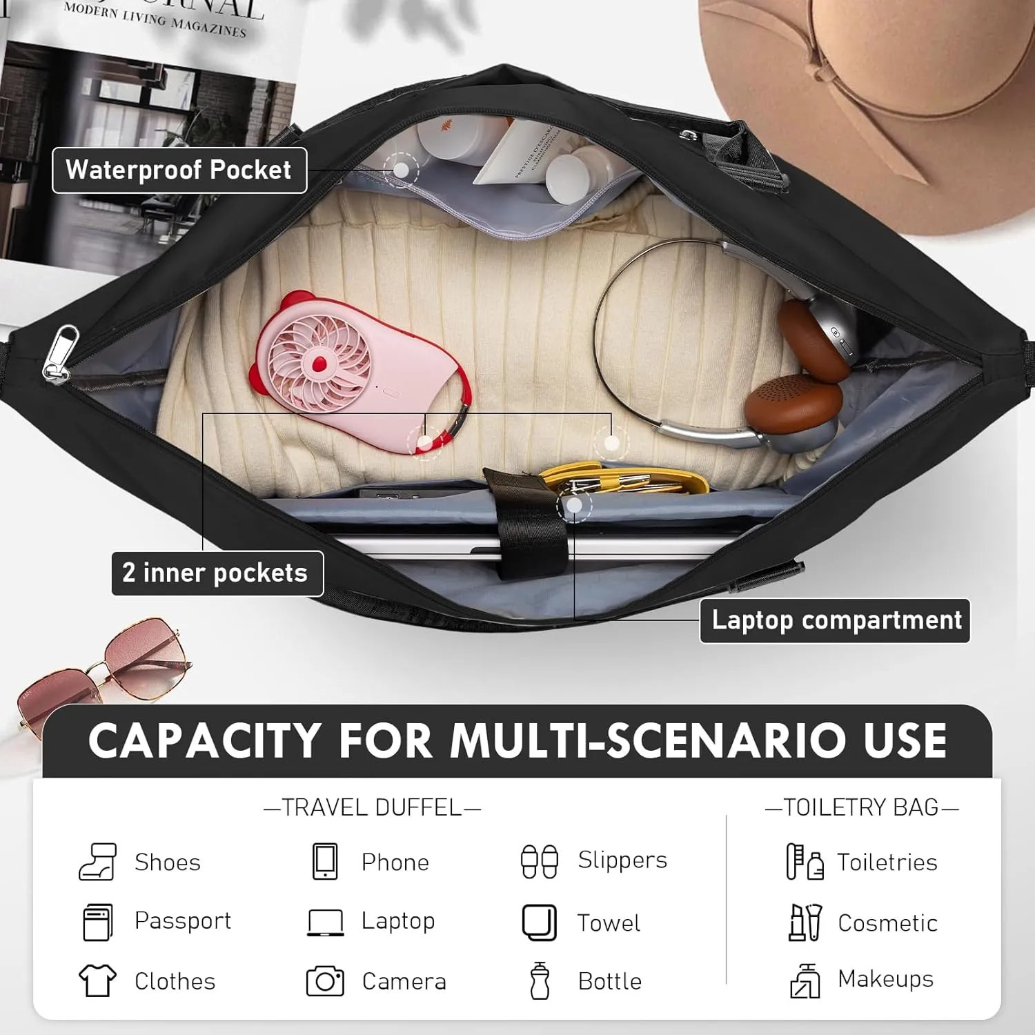 WOOMADA Weekender Overnight Bag for Women, Shoulder Travel Duffel with Shoes Compartment,Gym Bag with Toiletry Bag