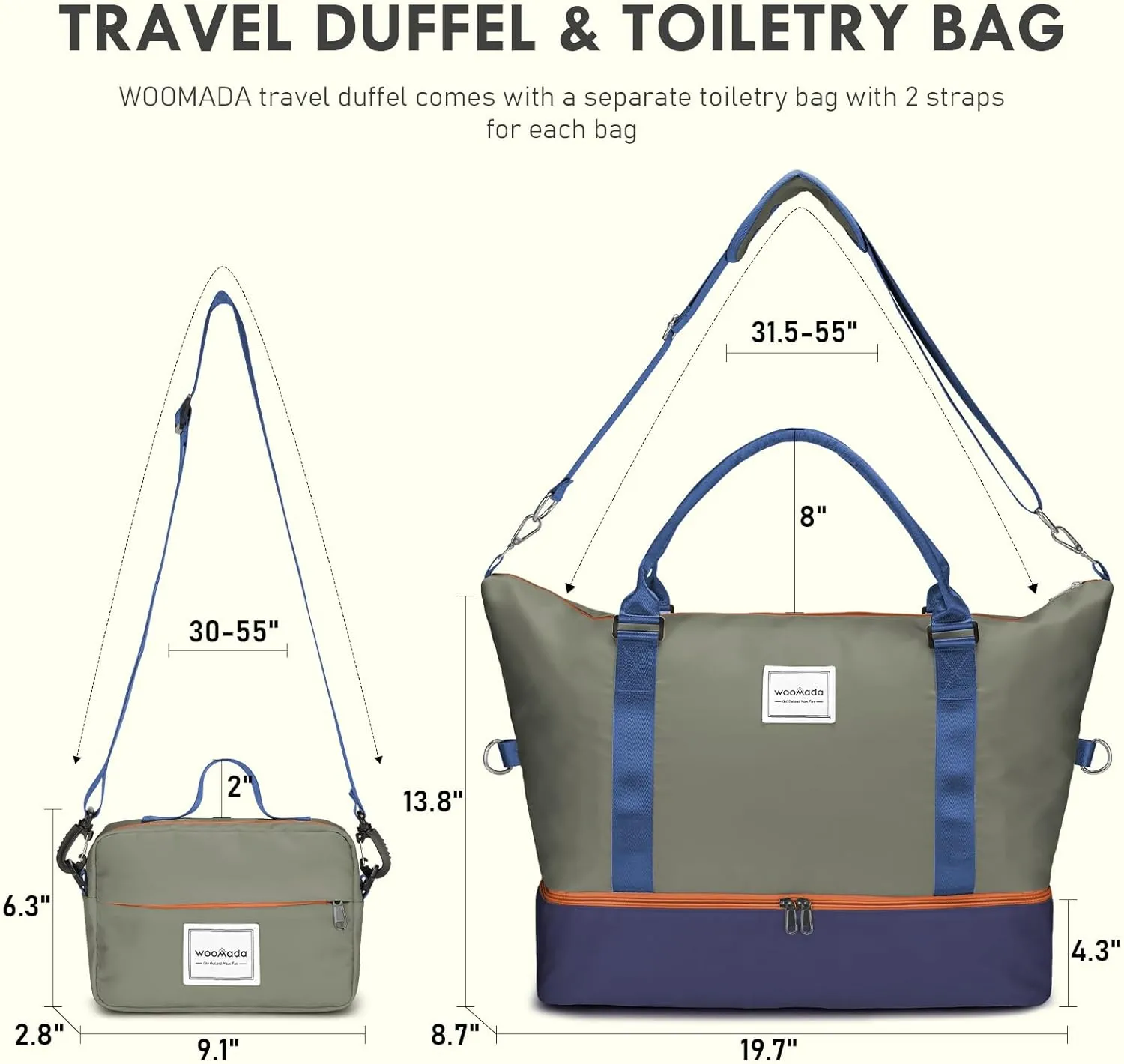 WOOMADA Weekender Overnight Bag for Women, Shoulder Travel Duffel with Shoes Compartment,Gym Bag with Toiletry Bag