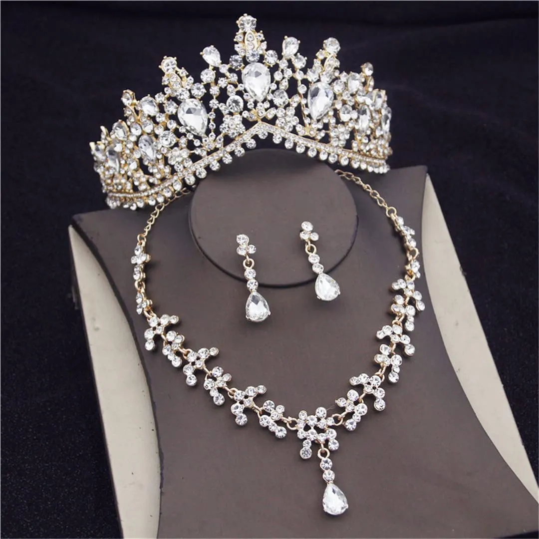Wvapzxx Crystal Bridal Jewelry Sets Tiaras Earrings Necklaces Set For Women Wedding Dress Crown Necklaces Earring Set