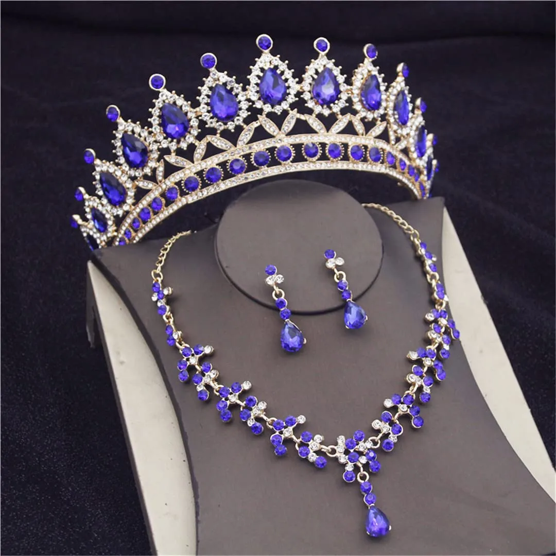 Wvapzxx Crystal Bridal Jewelry Sets Tiaras Earrings Necklaces Set For Women Wedding Dress Crown Necklaces Earring Set
