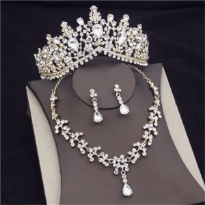 Wvapzxx Crystal Bridal Jewelry Sets Tiaras Earrings Necklaces Set For Women Wedding Dress Crown Necklaces Earring Set