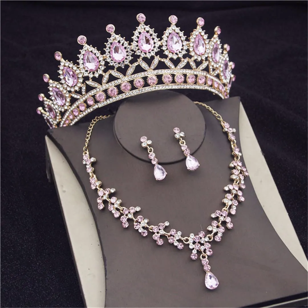 Wvapzxx Crystal Bridal Jewelry Sets Tiaras Earrings Necklaces Set For Women Wedding Dress Crown Necklaces Earring Set