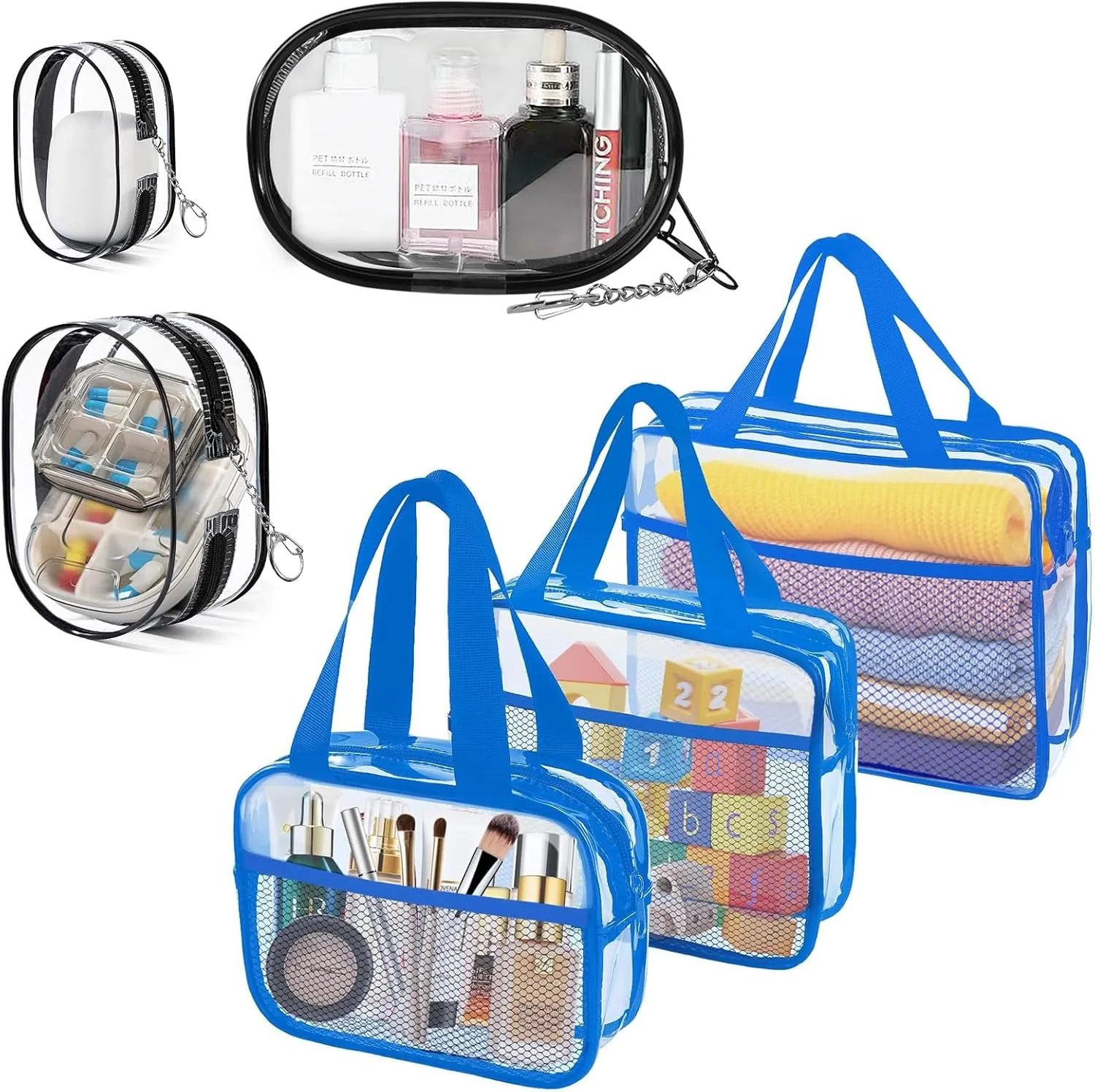 XEWEA Clear Travel Toiletry Bags & Small Electronic Accessories Organizer Case, 6 PCS TSA Approved Transparent Makeup Bag for Women Men, Waterproof PVC Quart Pouch with Zipper for Airline Essentials