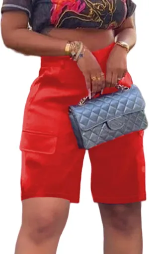 XZLUFNY Satin Cargo Shorts for Women High Waist Multiple Pockets Bottoms