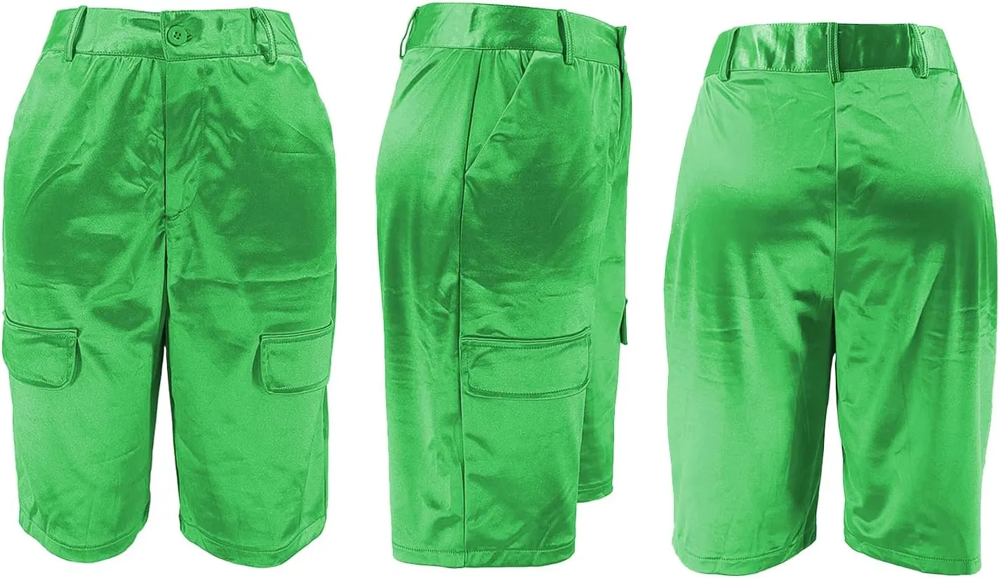 XZLUFNY Satin Cargo Shorts for Women High Waist Multiple Pockets Bottoms