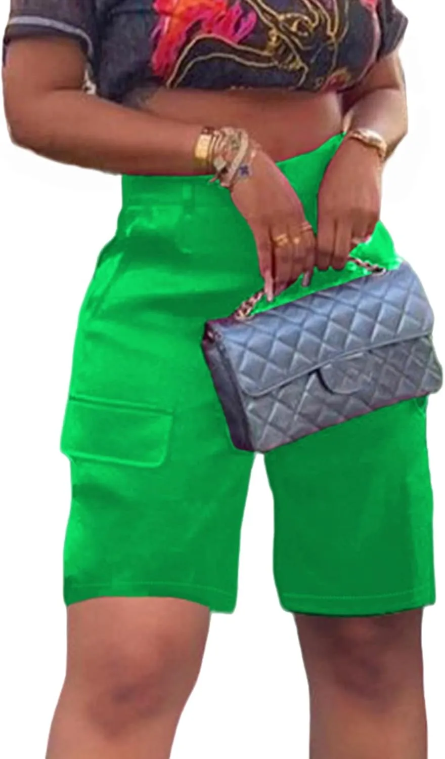 XZLUFNY Satin Cargo Shorts for Women High Waist Multiple Pockets Bottoms