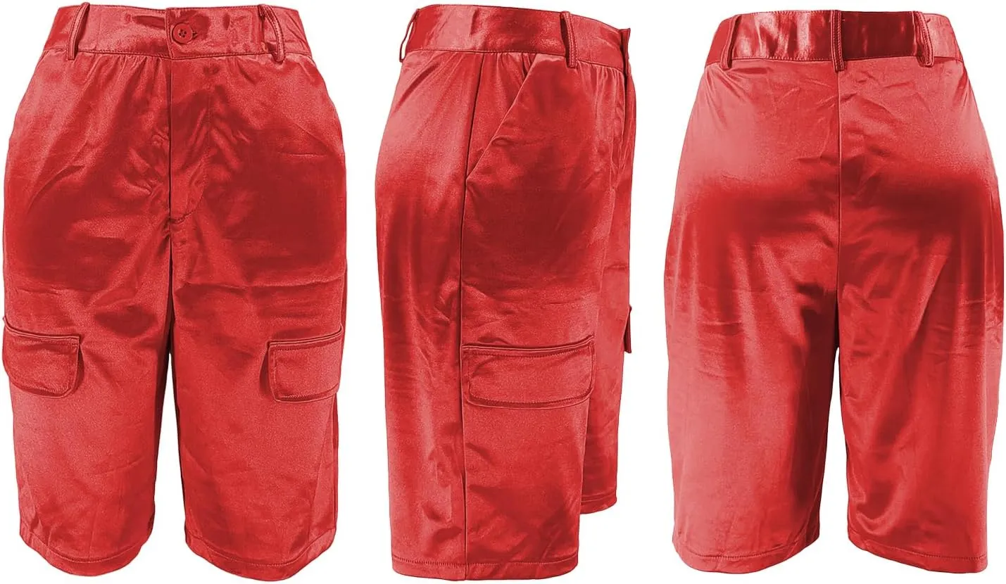 XZLUFNY Satin Cargo Shorts for Women High Waist Multiple Pockets Bottoms