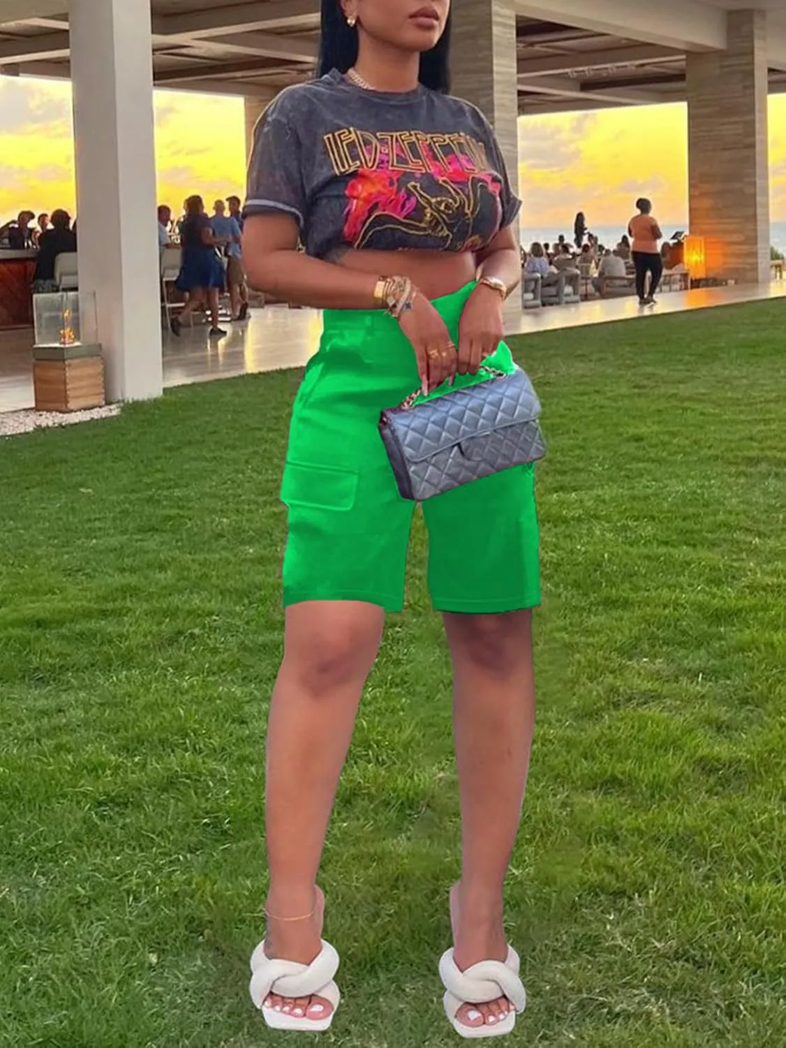 XZLUFNY Satin Cargo Shorts for Women High Waist Multiple Pockets Bottoms