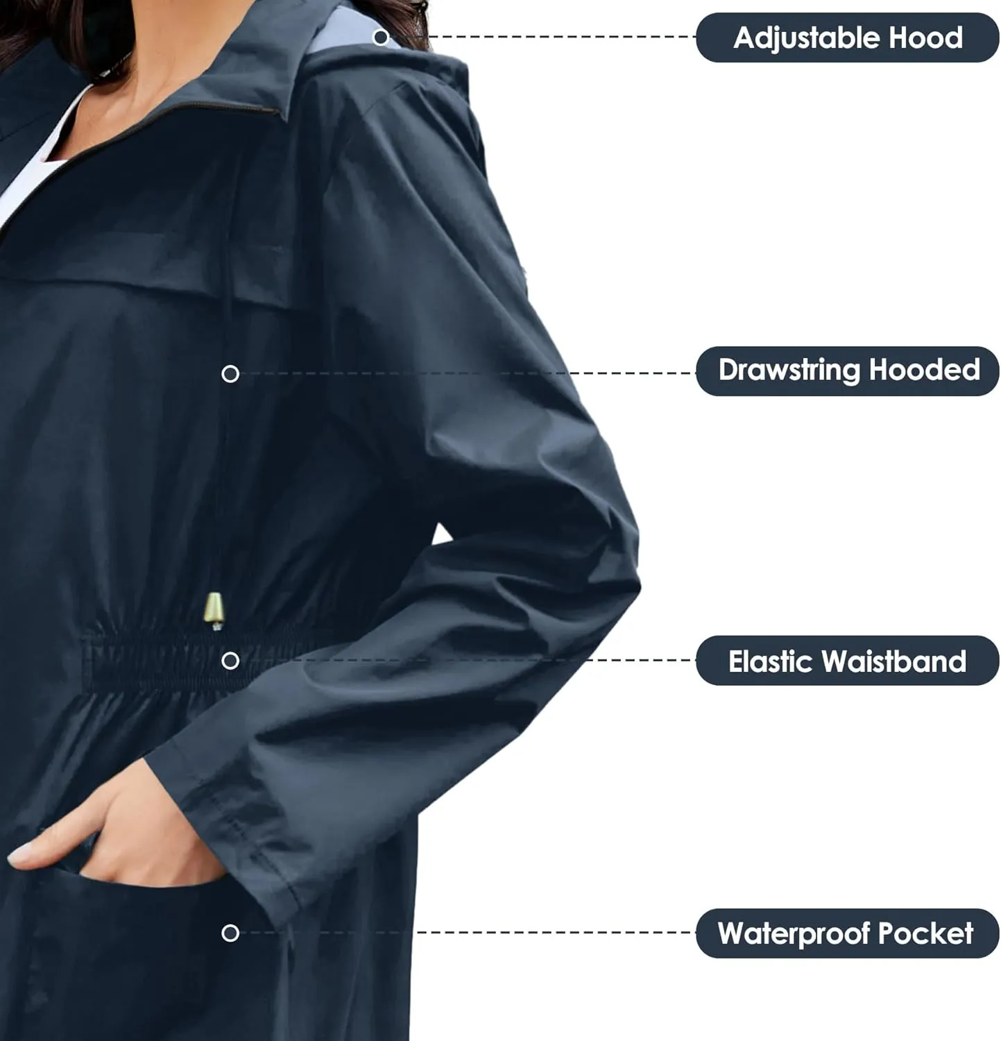 Zando Packable Rain Jacket Women Waterproof Long Rain Coat Lightweight with Hood Windbreaker Jackets Outdoor Trench Coat