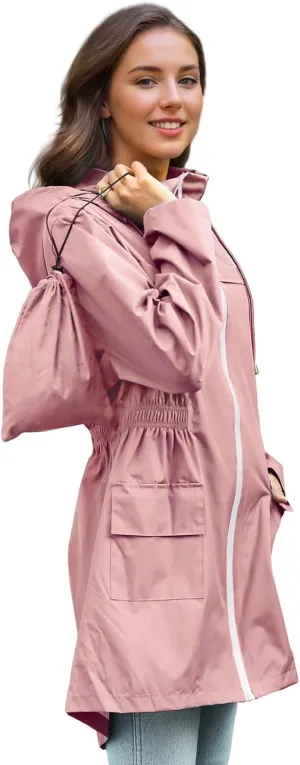 Zando Packable Rain Jacket Women Waterproof Long Rain Coat Lightweight with Hood Windbreaker Jackets Outdoor Trench Coat