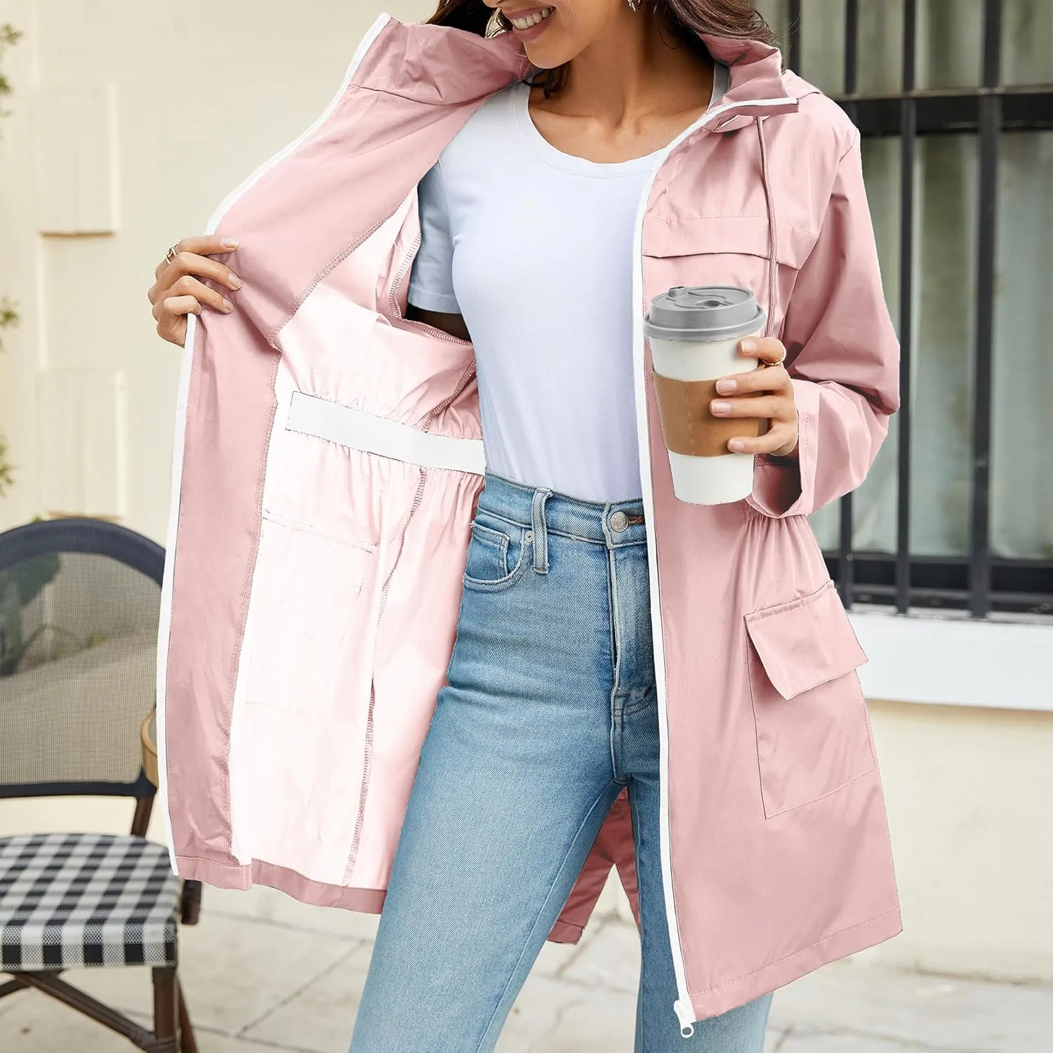 Zando Packable Rain Jacket Women Waterproof Long Rain Coat Lightweight with Hood Windbreaker Jackets Outdoor Trench Coat