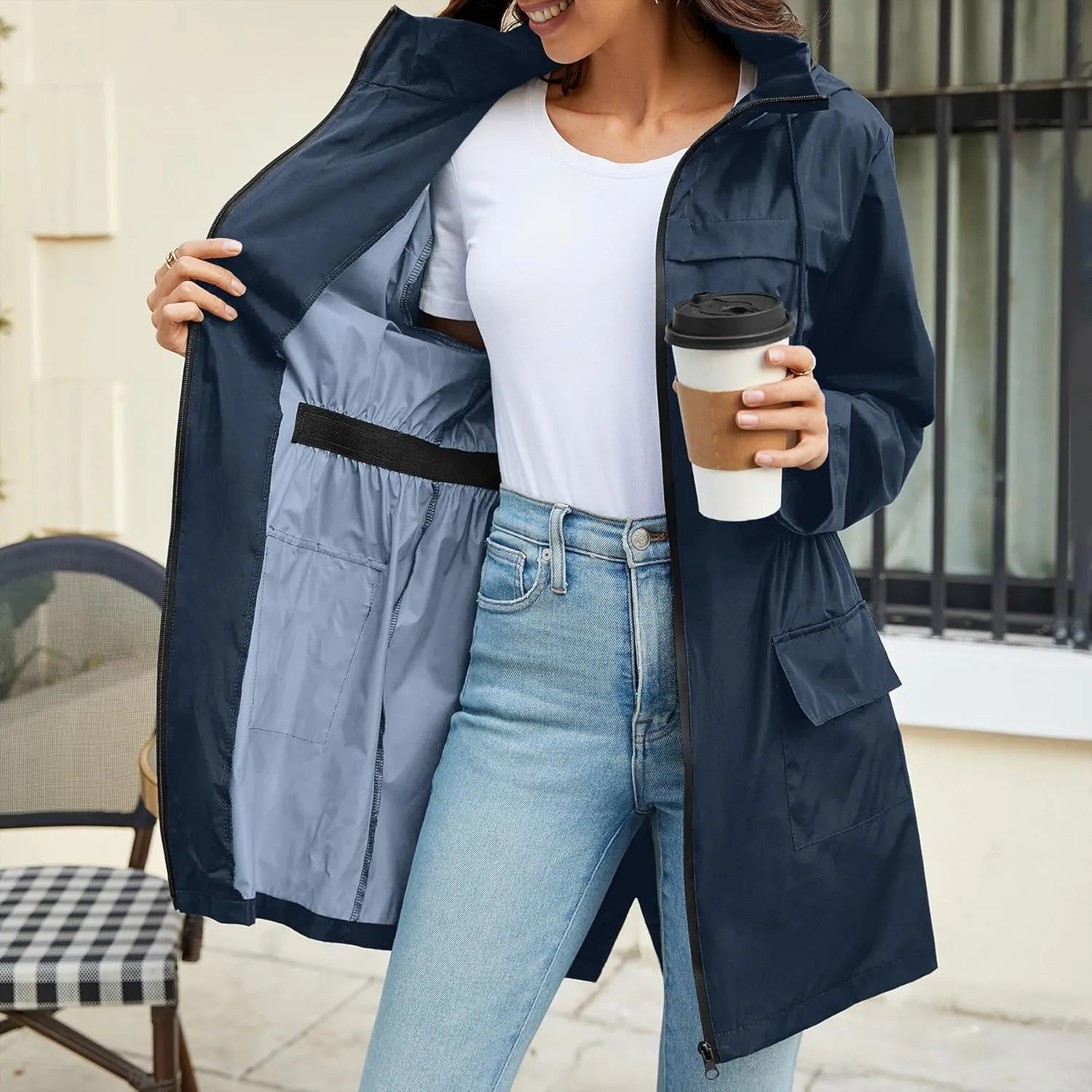 Zando Packable Rain Jacket Women Waterproof Long Rain Coat Lightweight with Hood Windbreaker Jackets Outdoor Trench Coat