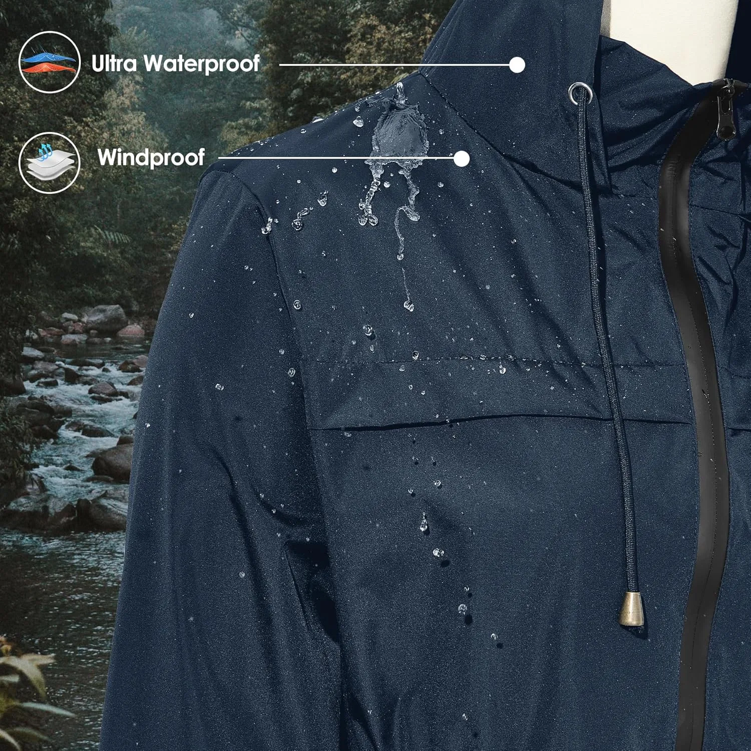 Zando Packable Rain Jacket Women Waterproof Long Rain Coat Lightweight with Hood Windbreaker Jackets Outdoor Trench Coat