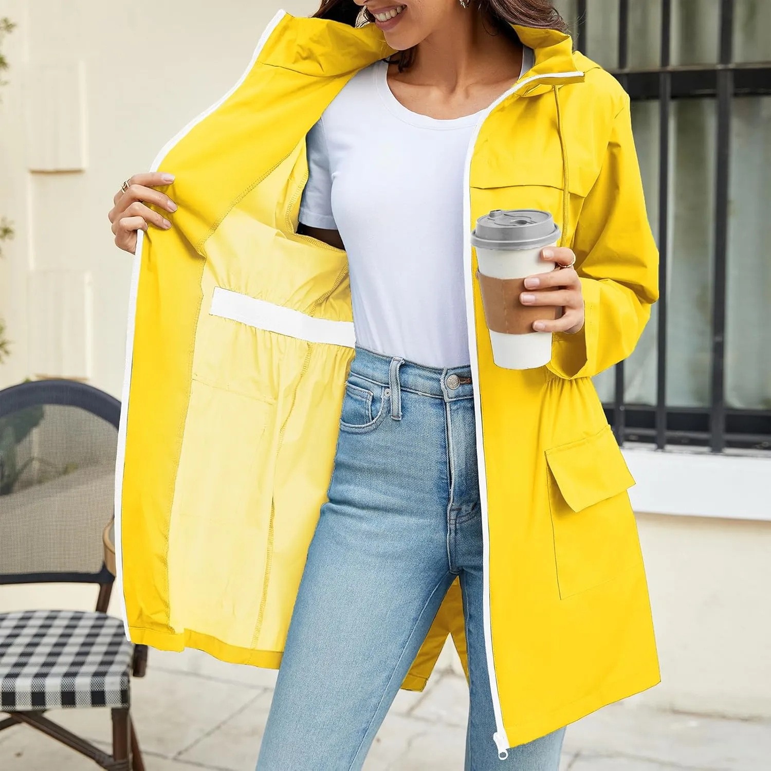 Zando Packable Rain Jacket Women Waterproof Long Rain Coat Lightweight with Hood Windbreaker Jackets Outdoor Trench Coat