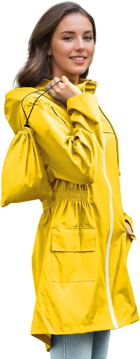 Zando Packable Rain Jacket Women Waterproof Long Rain Coat Lightweight with Hood Windbreaker Jackets Outdoor Trench Coat