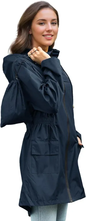 Zando Packable Rain Jacket Women Waterproof Long Rain Coat Lightweight with Hood Windbreaker Jackets Outdoor Trench Coat