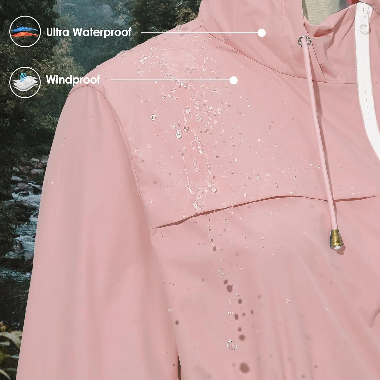 Zando Packable Rain Jacket Women Waterproof Long Rain Coat Lightweight with Hood Windbreaker Jackets Outdoor Trench Coat