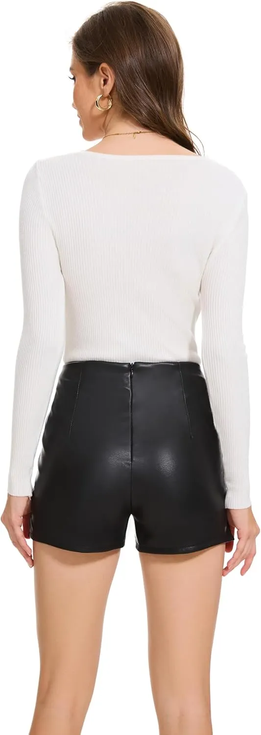 Zebaexf Women Black Leather Shorts High Waist Sexy Legging Faux Stretchy Shorts PU Leather Shorts